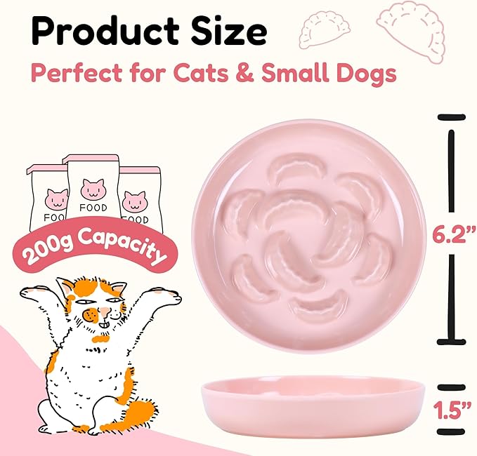 2 Pcs Cat Slow Feeder Bowl Set - Unbreakable Melamine Puzzle cat Bowl for Slow Eating - Cat Dish for Wet & Dry Food- Whisker Friendly & Dishwasher Safe & Non Slip Design (Pink + Green)