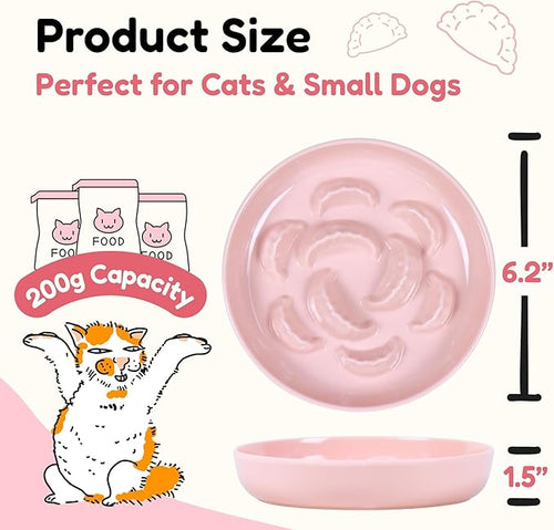 2 Pcs Cat Slow Feeder Bowl Set - Unbreakable Melamine Puzzle cat Bowl for Slow Eating - Cat Dish for Wet & Dry Food- Whisker Friendly & Dishwasher Safe & Non Slip Design (Pink + Green)