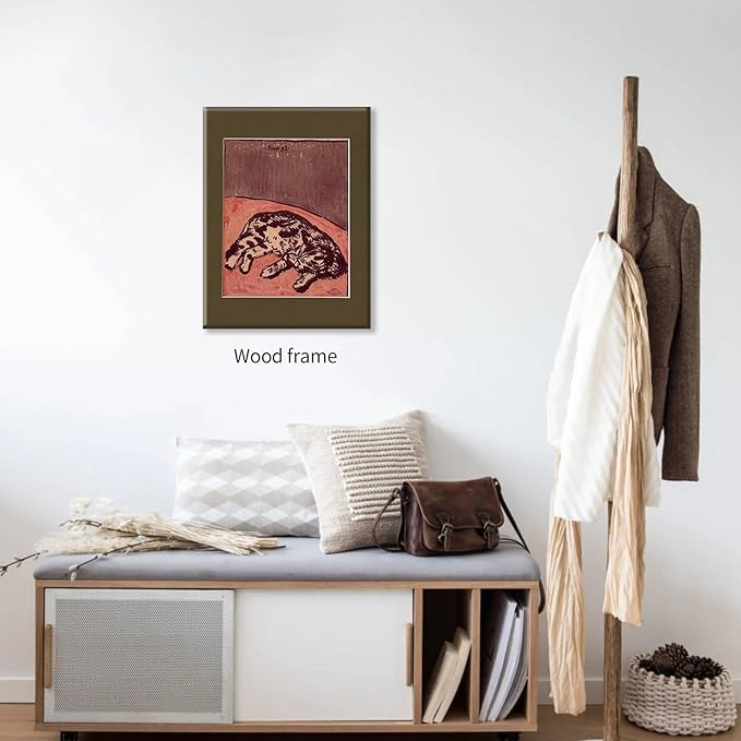 Cute Cat Poster Mid Century Modern Animal Wall Art Vintage Aesthetic Canvas Painting for Bedroom Dormitory Wall Decor Cat Lovers Gifts 16X20 inch Wood Framed