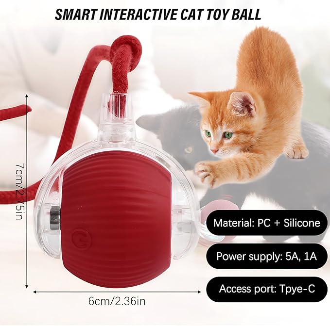 Aero Zen Indoor Cat Interactive Toy Ball Version 2025 - Random Rolling,Flashing on Floor,360° Automatic Rolling Ball Toy for Dogs/Cats (Red)