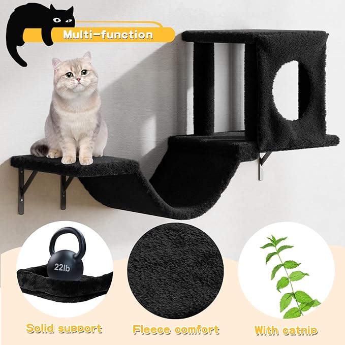 12-in-1 Cat Wall Shelves, Wall Mounted Cat Climber with Condo House, Scratching Post, Bridge Ladder, Space-Saving Indoor Play Furniture for Kittens, Black