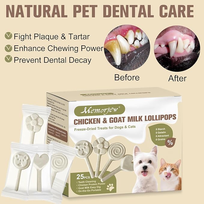 Memorjew 25PCS Chicken & Goat Milk Freeze- Dried Lollipops｜Individually Wrapped, Portable Dental Food for Dogs & Cats (Chicken & Goat Milk Flavor, 25pcs)