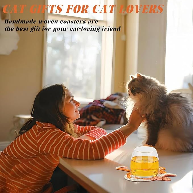 4PCS Cute Cat Cup Coasters, Gifts for Cats Lovers, Cat Coaster Woven Creative Knitted Coasters Funny Drink Insulation Coffee and Tea Coaster Table Protection Desktop Gifts
