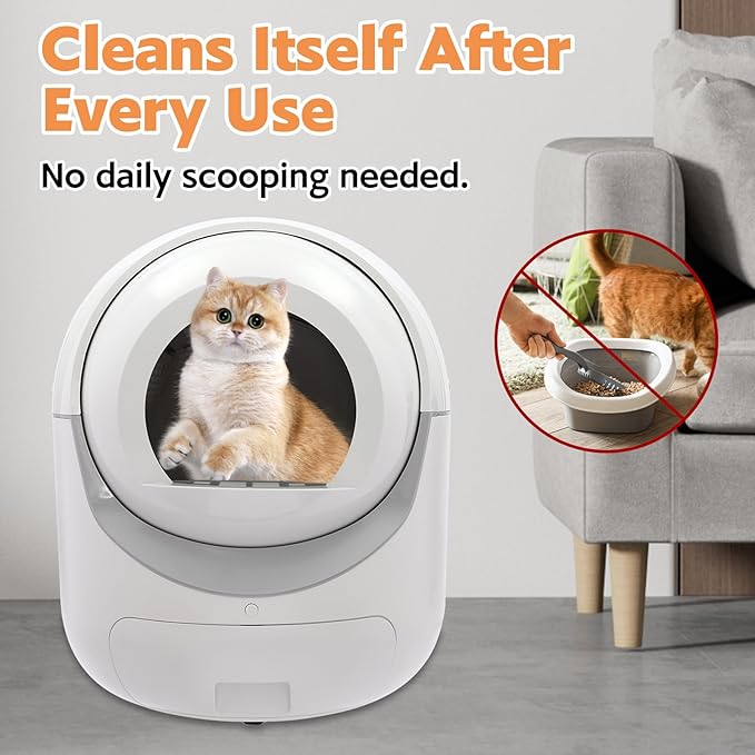 Smart Litter Box, Self-Cleaning for Multiple Cats with APP Control - Large Automatic Hooded Litter Tray, Hands-Free Cleaning for Cats Up to 22lbs, White Round Design
