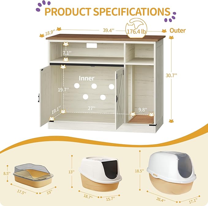 Cat Litter Box Enclosure, Hidden Litter Box Furniture with Storage, Wooden Cat Cabinet with Scratch Pad, Farmhouse Cats House, TV Stand End Table, Rustic Brown and White CB88614X