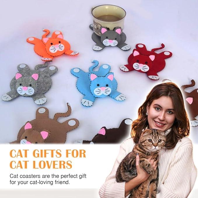 Funny Cat Coasters Set of 4 – Cute Felt Drink Mats for Women, Cat Mom Gift Idea, Animal Lover Decor, Coaster Set for Drinks, Unique Gag Present, Cool Stuff for Her, Feline Novelty Items