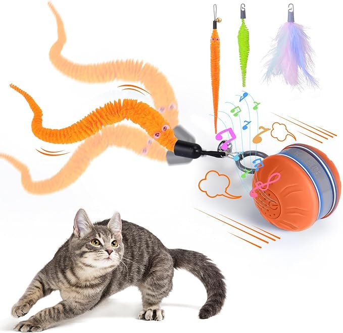 BABORUI Interactive Cat Toy Ball with Music- Automatic Interactive Cat Toys for Indoor Cats with 3 Tails, 2 Speeds Rechargeable Cat Enrichment Toy for Small/Medium/Large Cats to Keep Them Busy(Orange)