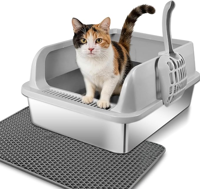 Stainless Steel Cat Litter Box with Lid, High Wall Kitty Litter Box for Small Cats, Metal Kitty Litter Box, Non-Sticky, Anti-Leakage, Easy Cleaning, Include Cat Mat and Scoop, 17.2"x13.2"x7.7"