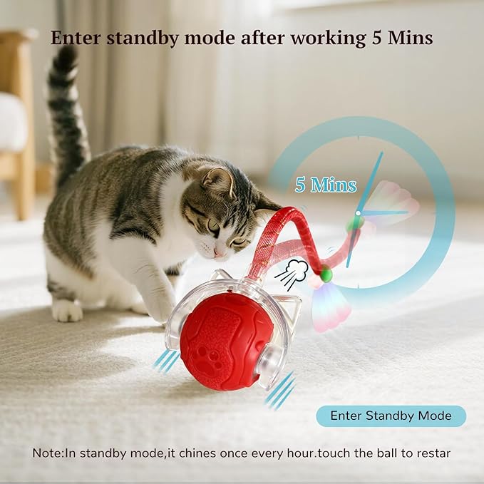 Interactive Cat Toy for Indoor Cats, Automatic Cat Ball Toy with Smart Obstacle Avoidance, 5 Sounds, 2 Tails, Rechargeable Moving Cat Toy for Bored Cats (Red)