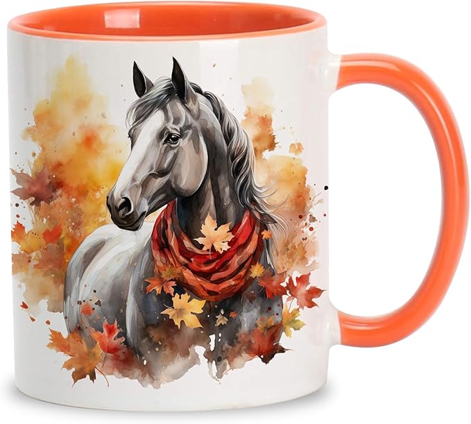 Hyturtle Fall Horse Coffee Mug - Birthday Gifts For Horse Lovers - Fall Autumn Decor Gifts For Farmhouse Thanksgiving - Horses Gift For Women - 11oz Two Tone Orange/White Ceramic Coffee Tea Mug Cup