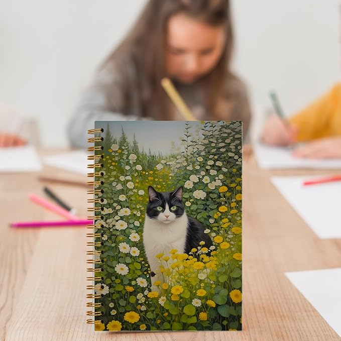 Vintage Floral Tuxedo Cat Notebook, Retro Cottagecore Daisy Flower Botanical Kitty Journal for Writing, Cat Office Supplies, Spiral Notebook 5.5x8.3 Inch