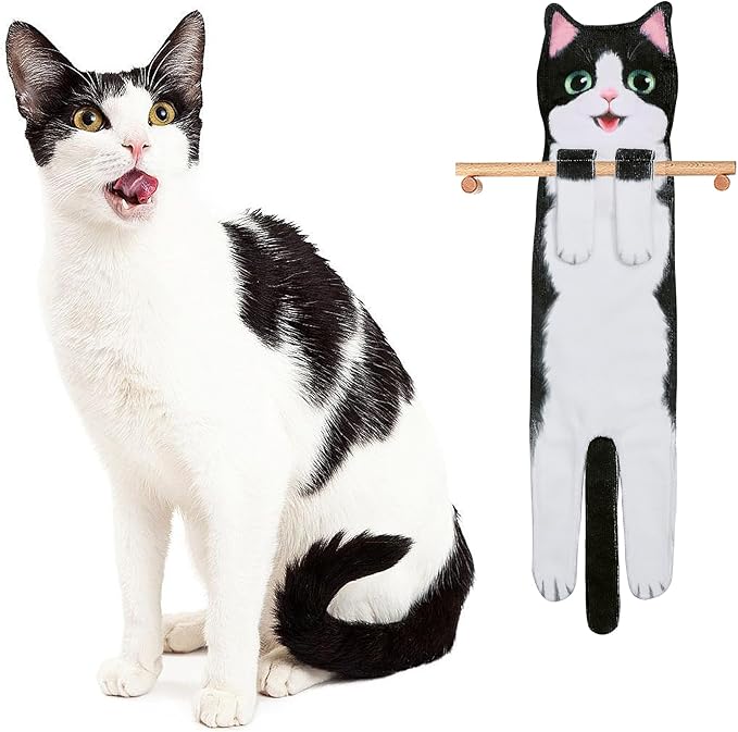 Funny Hand Towels for Bathroom Kitchen Decor - Cute Cat Hanging Hand Towel Kitchen Gadgets - Unique Housewarming Birthday Christmas Cat Lover Gift Ideas for Women Mom Lady Adults