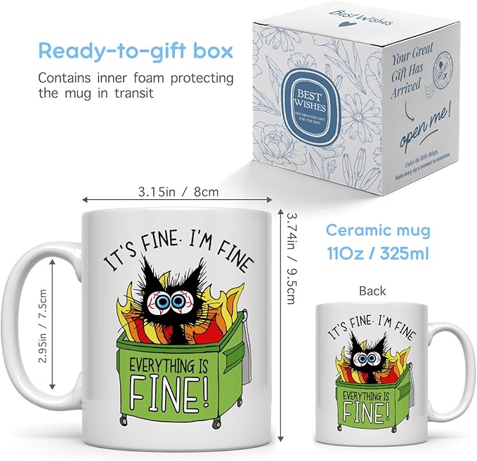 Its Fine Everything is Fine Ceramic Coffee Mug for Women 11 oz, Funny Cats Coffee Mugs for Cat Lovers, Birthday Christmas Gifts for Cat Mom Coworkers Work Bestie