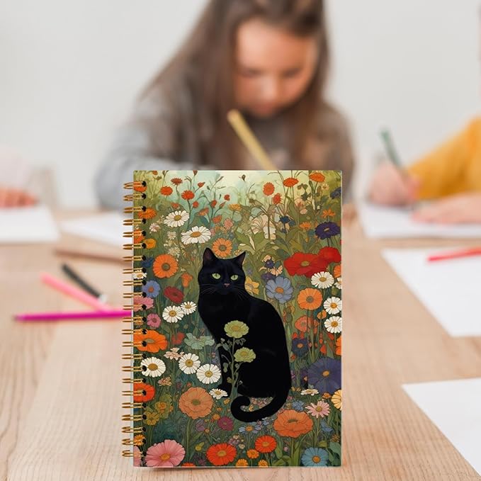 Wildflower Black Cat Notebook, Cats Lover Mom Lady Gifts, Black Kitten Floral Journal, Cat Office Supplies, Perfect Otebooks for School Officen 5.5x8.3 Inch
