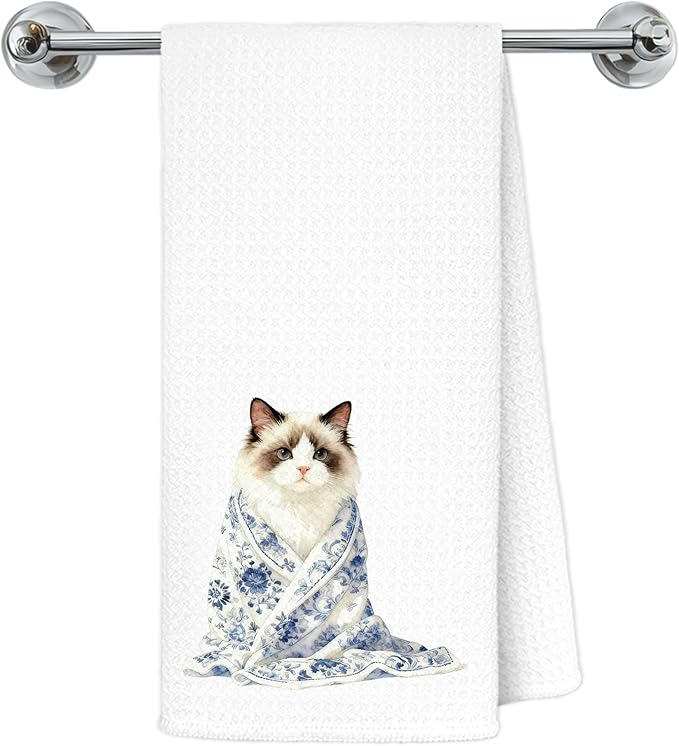 Blue and White Chinoiserie Ragdoll Cat Kitchen Towels, Ragdoll Cat Gifts Dish Tea Towels for Kitchen Decor, Cute Kitty Kitten Decorative Hand Towel Bathroom Yoga Spa Decor, 16x24 Inch