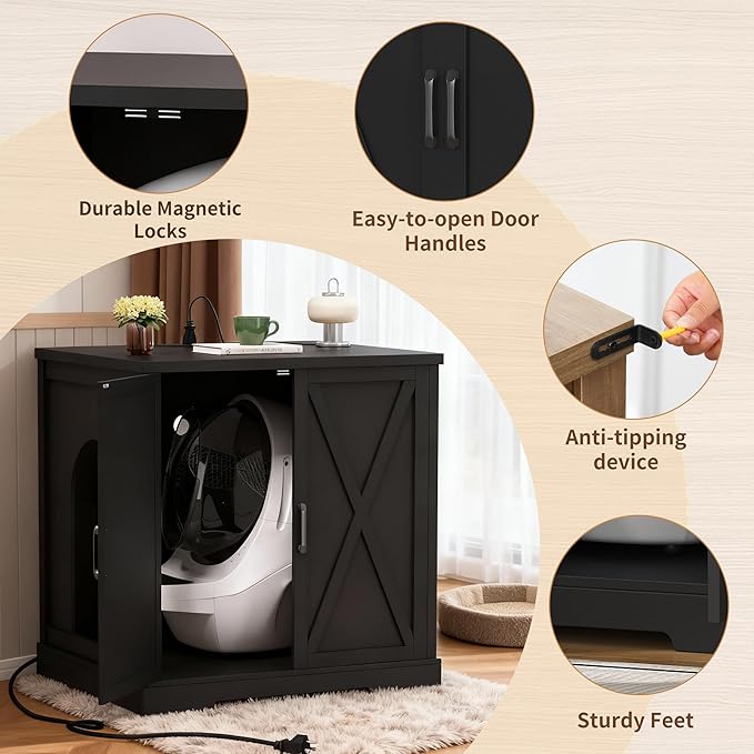 Hey-brother Enclosure for Self Cleaning Cat Litter Box, Large Hidden Litter Box Furniture with Charging Station, Suitable for Automatic Cats Litter Boxes and Robot, Vintage, Black JCLB004BK