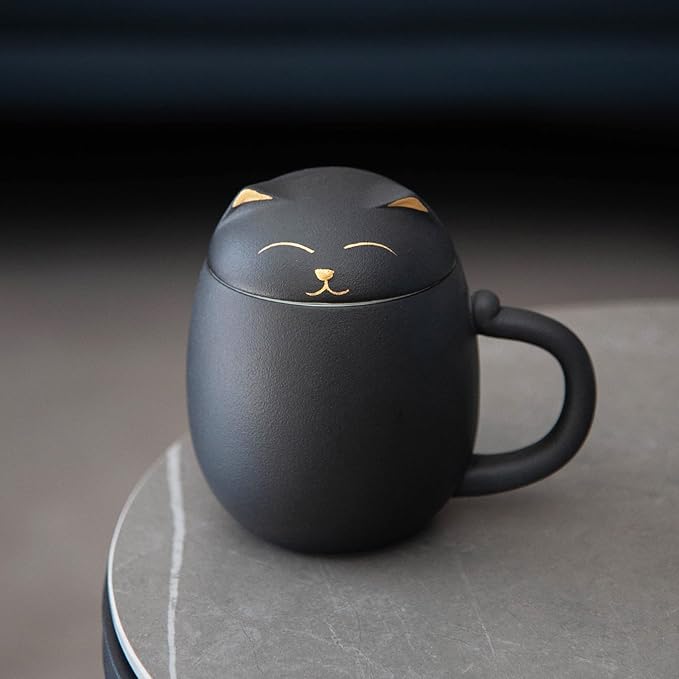 HEER Cat Tea Cup with Infuser and Lid - 13.5oz Ceramic Tea Mug - Cat Lover Gift for Friends Family. (Black)