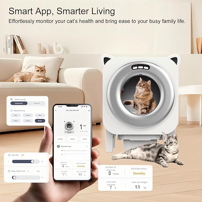 Self Cleaning Litter-Box for Multiple Cats with 76L Large Capacity,Automatic Litter Box with App Control and Safety Sensors Protection (Silver, 76L Capacity)