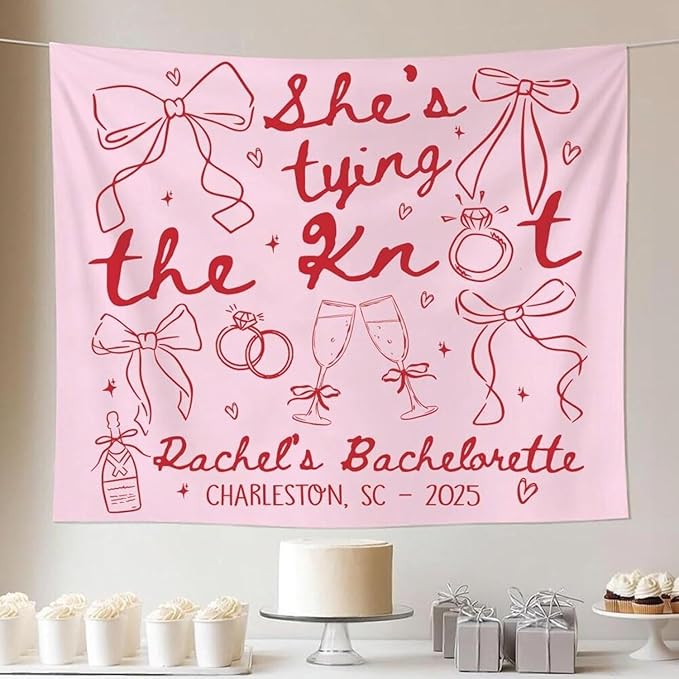 Tie the Knot Bachelorette Party Tapestry, Elegant Coquette Pink Bow Wall Decor, Cute Girly Bridal Shower Banner, Feminine Pre-Wedding Celebration Accent, Stylish Photo Backdrop for Bride Bash
