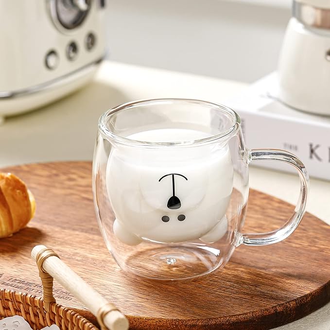 Binoster Bear Cute Mugs Kawaii Double Wall Glass Coffee Tea Mill Yogurt Cup Funny Novelty Gift for Women Her Friends Office Birthday Christmas (Bear with handle)