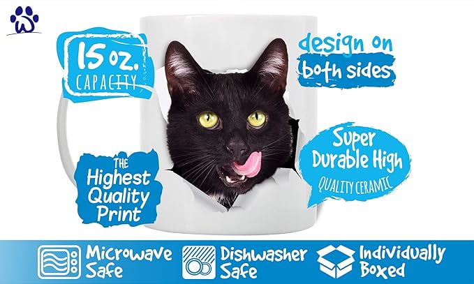 Winston & Bear Thirsty Black Cat Coffee Mug - Funny Ceramic Coffee Mug Gift for Cat Lovers - Cute Novelty Cup for Men and Women (15oz)