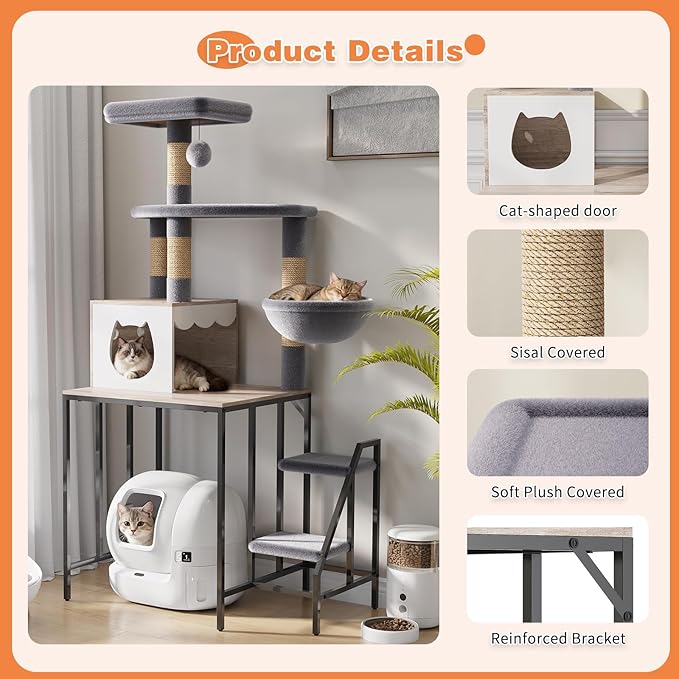 HavenlyYouth Cat Tree for Self-Cleaning Litter Box, 67.3''H Multi-Level Cat Tower for Automatic Litter Box 28.9H*24.1''L*21.1''D, Cat Tree Furniture with Perch and Cozy, Light Gray