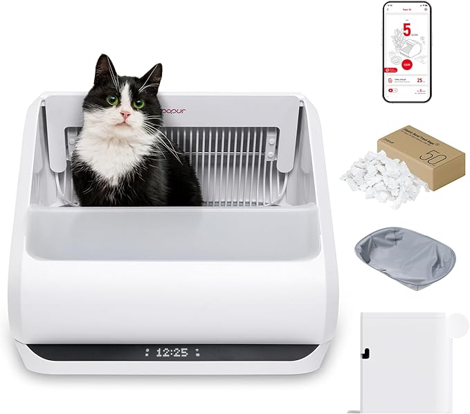 Popur X5 Automatic Cat Litter Box Self Cleaning Set with Extra Liner & 50PCS Trash Bags, 30-Day Capacity Safe Open Top Electric Robot Litter Box for Multiple Large Cats, 99% Leakproof& Smell-Proof