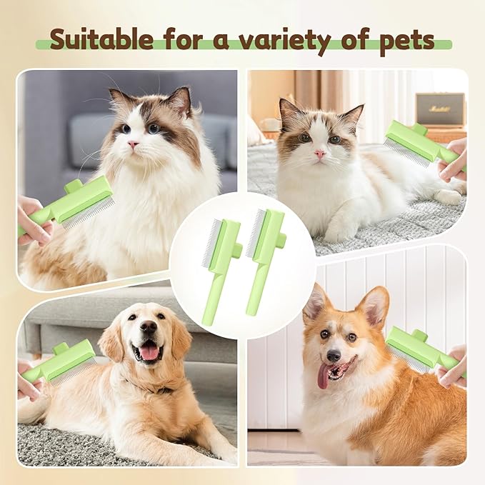 Pet Hair Removal Comb Flea Comb, 2025 Upgrade Cat Grooming Brush, Cat Brush with Release Button, De-Shedding Hair, Dog Grooming Supplies, Fine-Tooth Massage (White+Green)
