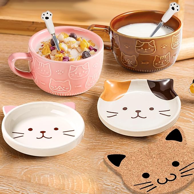 BigNoseDeer Cute Cat Mug Kawaii Tea Cup Pink Ceramic Coffee Mug with lid, Tea Cups and Saucers Preppy Stuff Cute Gifts for Women Cat Lovers Christmas Gifts 10oz