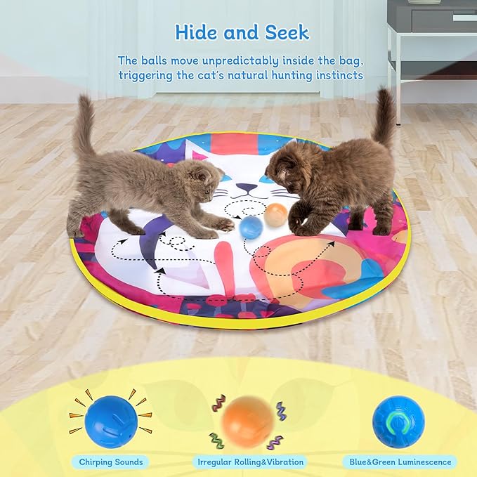 Interactive Cat Toys with 2 Fast Rolling Ball in Mat, Chirping & Motion Activated Automatic Cat Toy, Hide and Seek Games for Indoor Cats/Kitty/Kittens