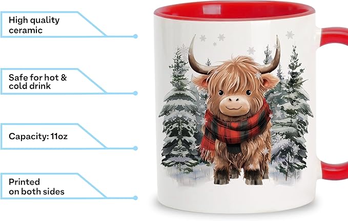 Hyturtle Winter Highland Cow Coffee Mug - Birthday Christmas Gifts For Highland Cow Lovers - Cute Animal Gifts For Women - Animal Lover Gift Ideas 11oz Two Tone Color Red/White Ceramic Tea Mug Cup