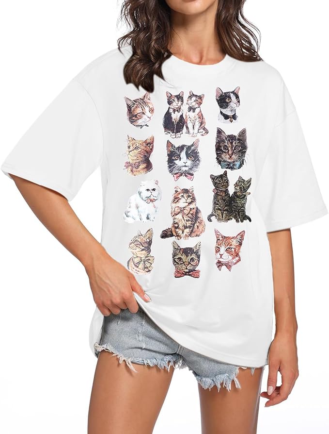 Oversized Cat Shirt Cute Graphic Tees for Women Y2k Funny Tshirts Baggy Aesthetic Shirts Cat Lover Gifts Kawaii Tops