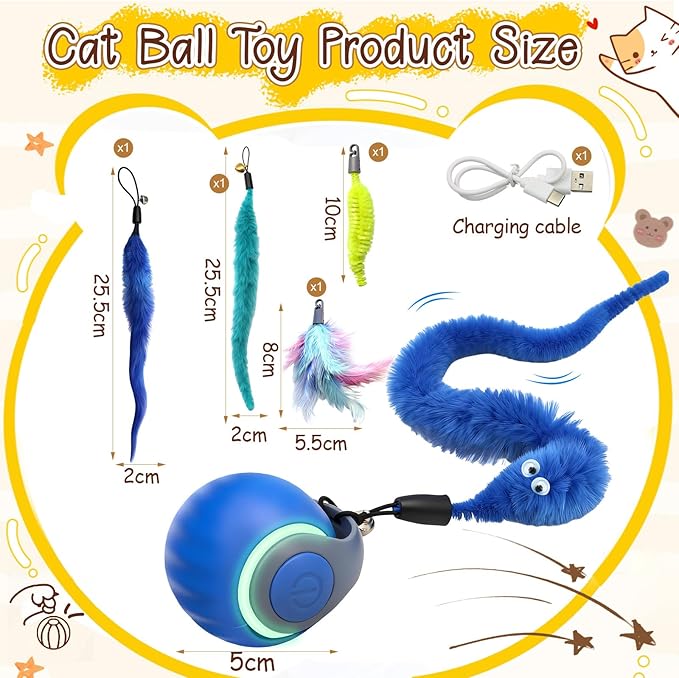 1PCS Interactive Cat Toys Ball,Newly Upgraded Speedy Tail Cat Toy with USB Charging,Automatic Smart Interactive Cat Toys for Indoor Cats with 4 Tails-Blue