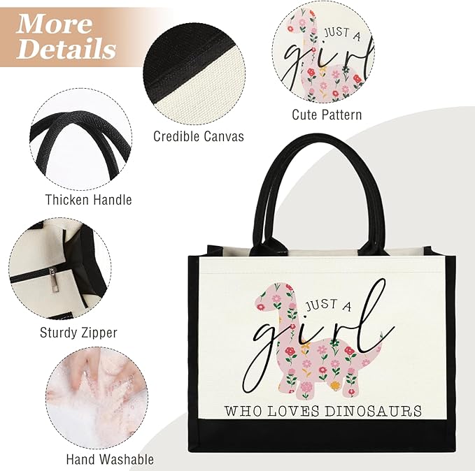 Canvas Tote Bag for Women, Cute Dinosaur Gifts for Dinosaur Lover, Animal Lover Gift Aesthetic Bag Reusable Grocery Bag, Birthday Christmas Gift for Mom Daughter Friends Sisters Who Loves Dinosaurs