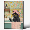 Funny Black Cat Bathroom Wall Art Cute Animal Reading Poster Trendy Preppy Aesthetic Canvas Prints 24x36 inch Black Framed for Living Room Bedroom Toilet Kids Room Wall Decor
