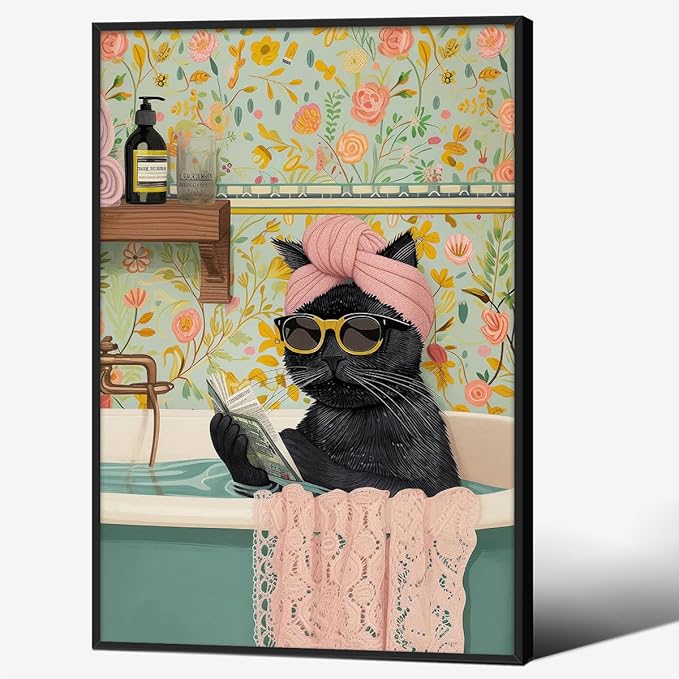 Funny Black Cat Bathroom Wall Art Cute Animal Reading Poster Trendy Preppy Aesthetic Canvas Prints 24x36 inch Black Framed for Living Room Bedroom Toilet Kids Room Wall Decor