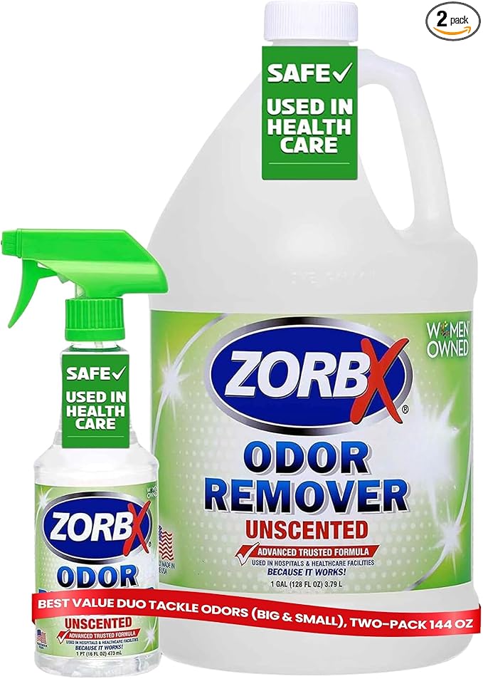 ZORBX Unscented Odor Eliminator for Strong Odor 16 Oz + 128 Oz - Used in Hospitals & Healthcare Facilities - Advanced Trusted Formula, Fast-Acting Odor Remover Spray for Dog, Cat, House & Carpet