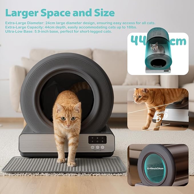 Stainless Steel Self-Cleaning Cat Litter Box, Smart APP Control Automatic Litter Box with Safety Sensors, Odor Control, Low-Entry, Large Capacity Design for Multiple Cats (Grey)