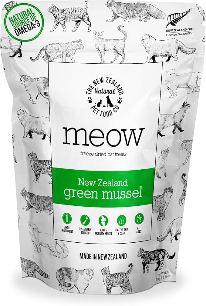 The New Zealand Natural Pet Food Co. Meow Freeze Dried Cat Treats - New Zealand Green Mussel, High Protein, Healthy Cat Snacks and Toppers, All Natural for All Life Stages, 1.76 oz