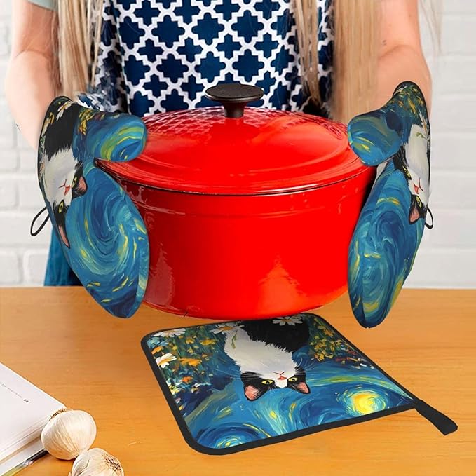 Funny Black Cat Oven Mitts and Hot Pads Set of 3, Abstract Cute Kitchen Mitts and Hot Pads for Baking Cooking Grilling BBQ, Kitchen Baking Gifts for Cat Lover Women Chef Baker