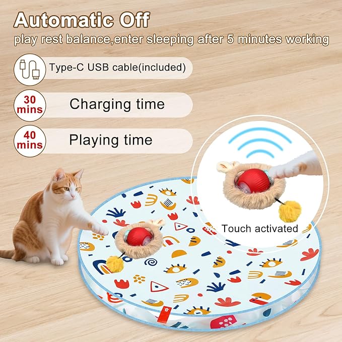 Interactive Cat Toys, Hide and Seek Cat Enrichment Toys for Indoor Cats, Automatic Cat Toy Fast Rolling Ball in Play Mat for Bored Indoor Adult Cats & 2PCS Hanging Feather Toy (28 Inch)