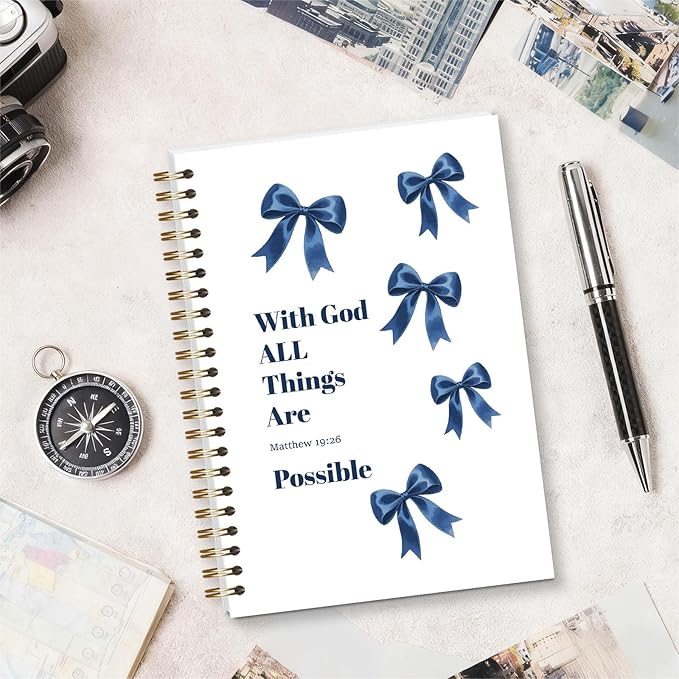 Bible Journal Spiral Notebook, Coquette Blue Bow Bible Study Supplies, Christian Gifts for Women Girls, 5.5x8.3 Inch - A02