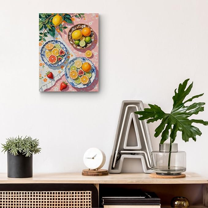 Italian Lemon Wall Art, Citrus Fruits Theme Oil Painting Framed Canvas Print Summer Room Decor, Rustic Lemon Orange Painting for Living Room Kitchen Dining Room Restaurant Decor 15x11.4 inch