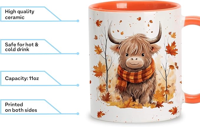 Hyturtle Fall Highland Cow Maple Leaves Coffee Mug - Birthday Gifts For Cow Lovers - Fall Autumn Decor Gifts For Farmhouse Thanksgiving - Highland Cows Gift - 11oz White Ceramic Coffee Tea Mug