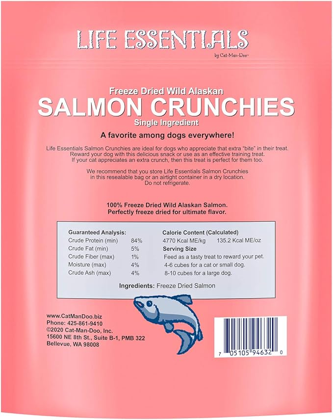 Life Essentials by Cat-Man-Doo Freeze Dried Salmon Crunchies Dog Treats, Wild Caught Single Ingredient, Healthy Dog Treats, 5 oz