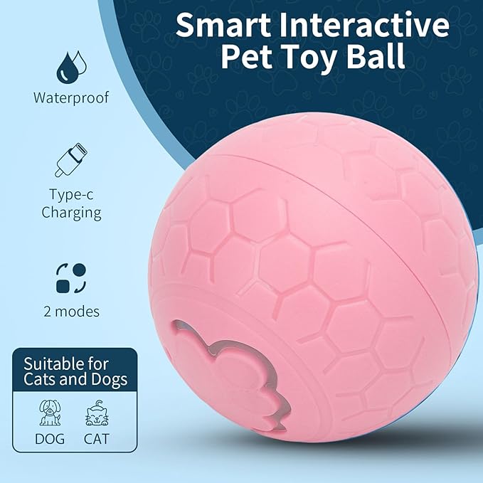 Interactive Dog Ball, Automatic Rolling Ball Toy for Dogs Cats with Intelligent Playtime, Bite, Portable Fun, Health Promotion, Boredom Relief, for Small Medium Large (Pink)