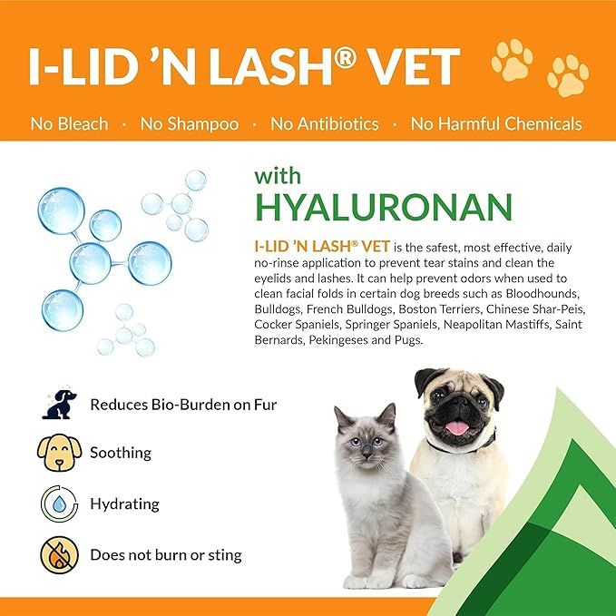 I-LID ’N LASH Vet Dog Eye Wipes - Tear Stain Preventer for Dogs (60 Wipes) | Prevents Puppy Tear Stains with Hyaluronan | Cat Eye Wipes for Discharge - No Antibiotics or Harmful Chemicals