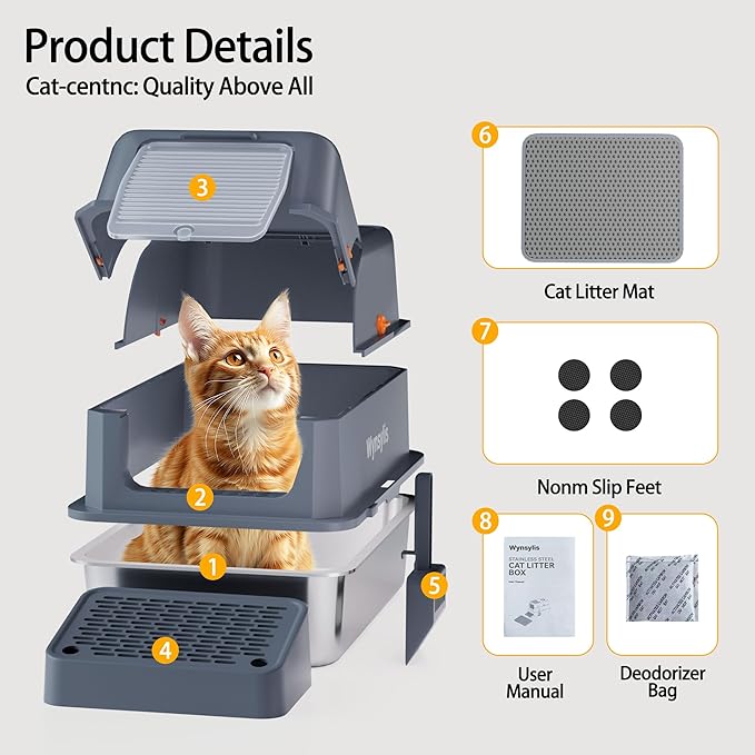 XL Stainless Steel Cat Litter Box with ABS Enclosed Lid, 180° Flip-Top Design, High Sided Leak-Proof Pan, Charcoal Odor Control Filter, Easy Clean for Large & Multi-Cat Homes