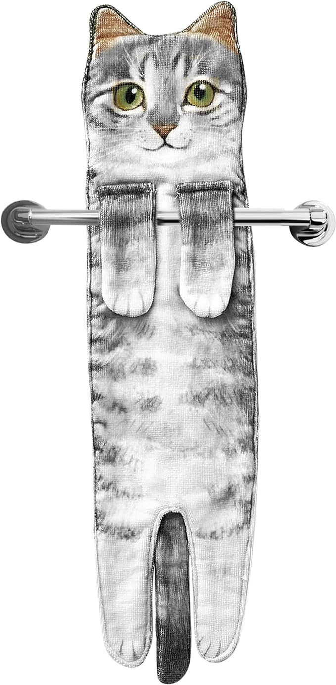 Funny Hand Towels for Bathroom Kitchen Decor - Cute Cat Hanging Hand Towel Kitchen Gadgets - Unique Housewarming Birthday Christmas Cat Lover Gift Ideas for Women Mom Lady Adults