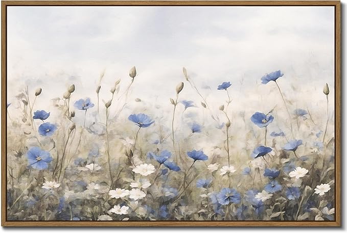 Vintage Floral Wall Art Blue White Flower Canvas Art Prints Wildflower Pictures Wall Decor Nature Landscape Oil Painting Framed Botanical Artwork for Girls Room Bedroom Farmhouse Decoration, 24''x36''